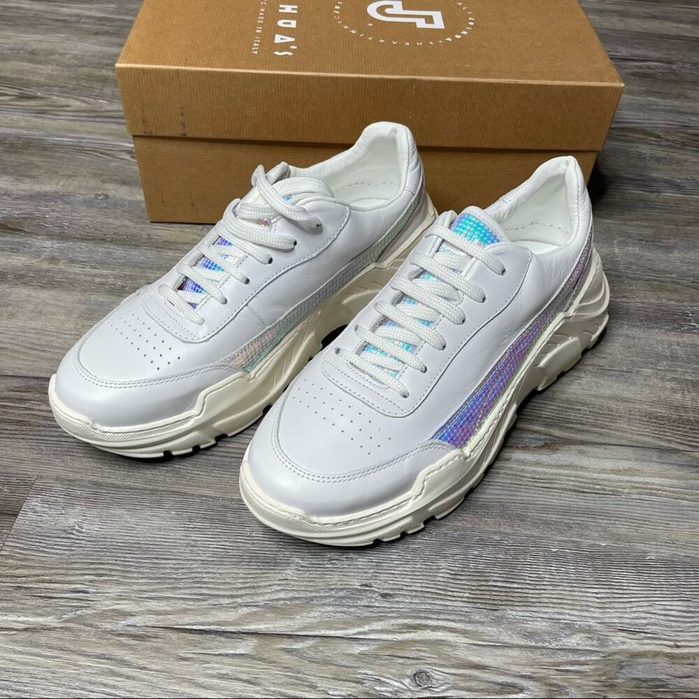 Joshua Sanders Women's White/Metallic Holo Stripe Zenith Bit Sneaker sz 41/US 11